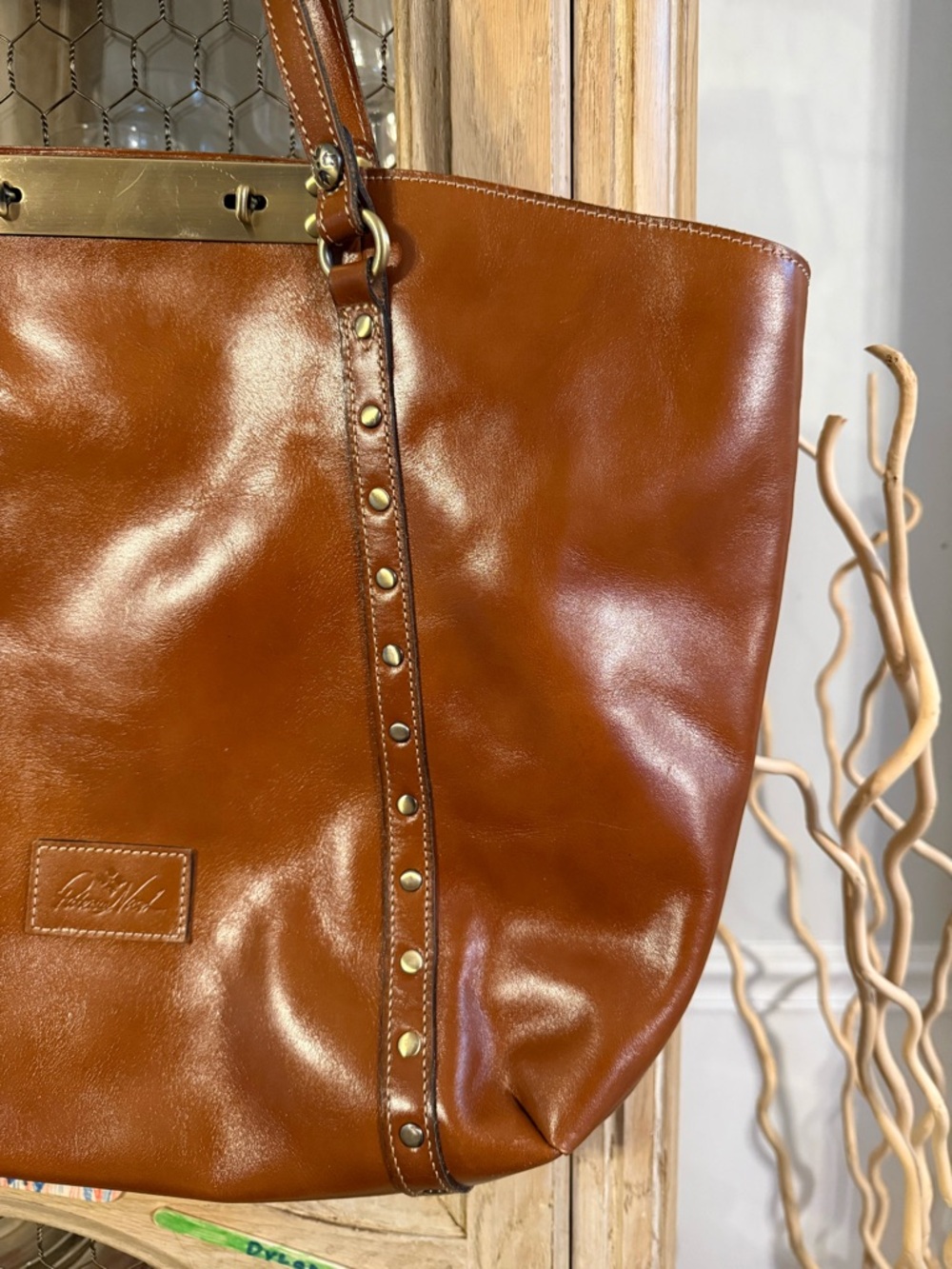 Patricia Nash Leather Tote Bag in Cognac Brown - Classic Studded Design - Picture 3 of 9